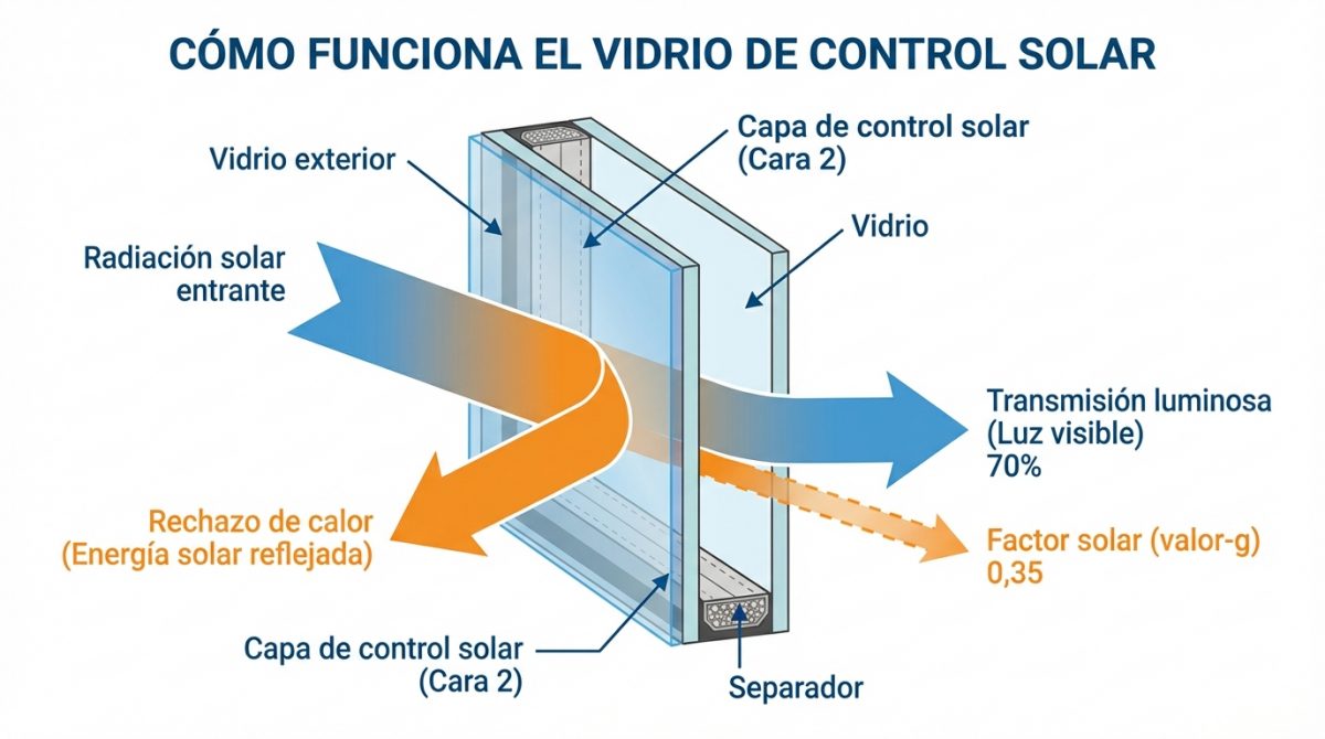 Diagrama de sección de doble acristalamiento con capa de control solar mostrando factor solar y transmisión luminosa