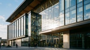 Fachada de edificio moderno con vidrio de control solar reflejando la luz del sol