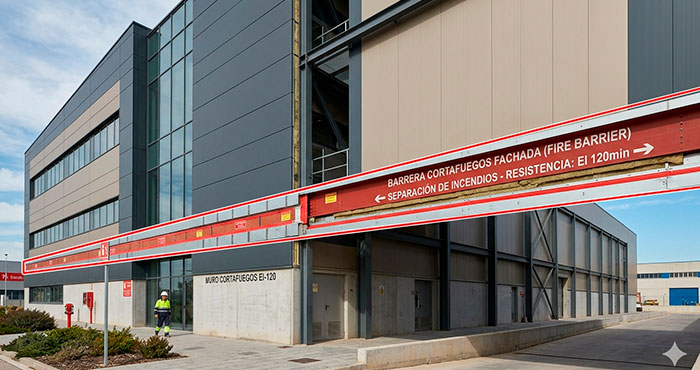 Barrera cortafuego en la fachada ventilada de un edificio